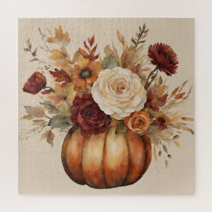 Puzzle Thanksgiving-Watercolor Citrouille et fleurs-
