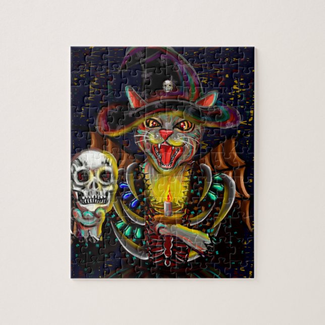 Puzzle The Evil Witch Cat Holds a Skull and a Candle (Vertical)