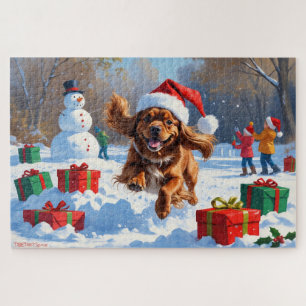 Puzzle Tibétain Spaniel courant dans la neige avec un cha