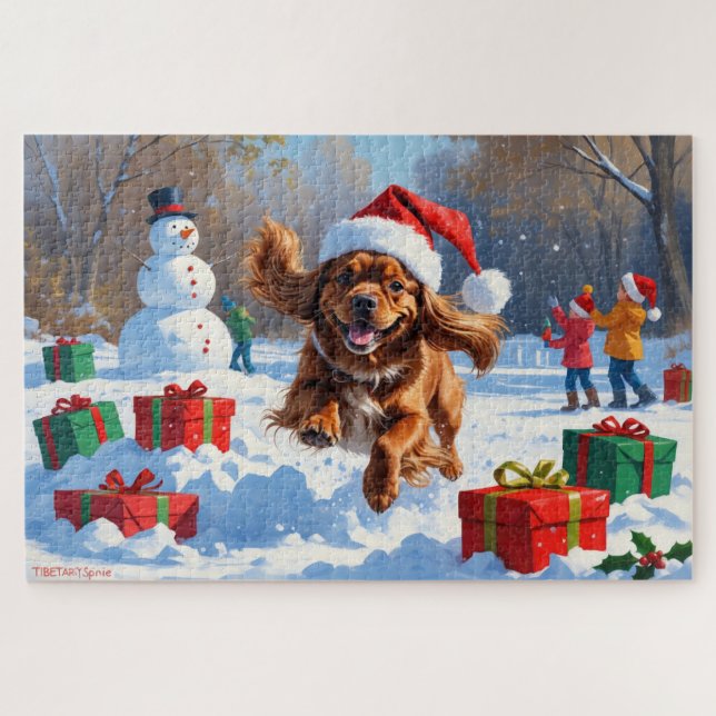 Puzzle Tibétain Spaniel courant dans la neige avec un cha (Horizontal)