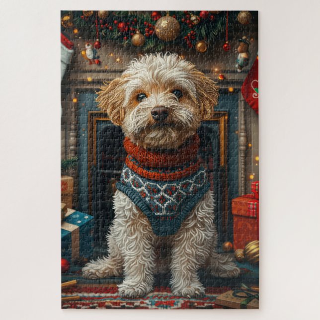Puzzle Tibetan Terrier Chien Avec Cheminée Cadeaux de Noë (Vertical)
