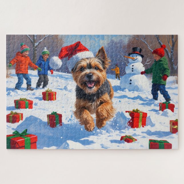Puzzle Tibetan Terrier courant dans la neige avec un chap (Horizontal)
