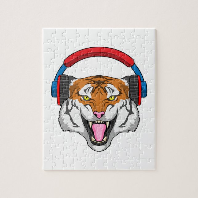 Puzzle Tiger en musique avec casque (Vertical)