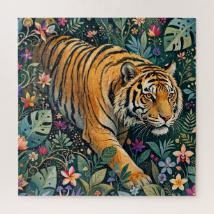 Puzzle Tigre aux yeux ambre, feuillage de jungle fantaisi