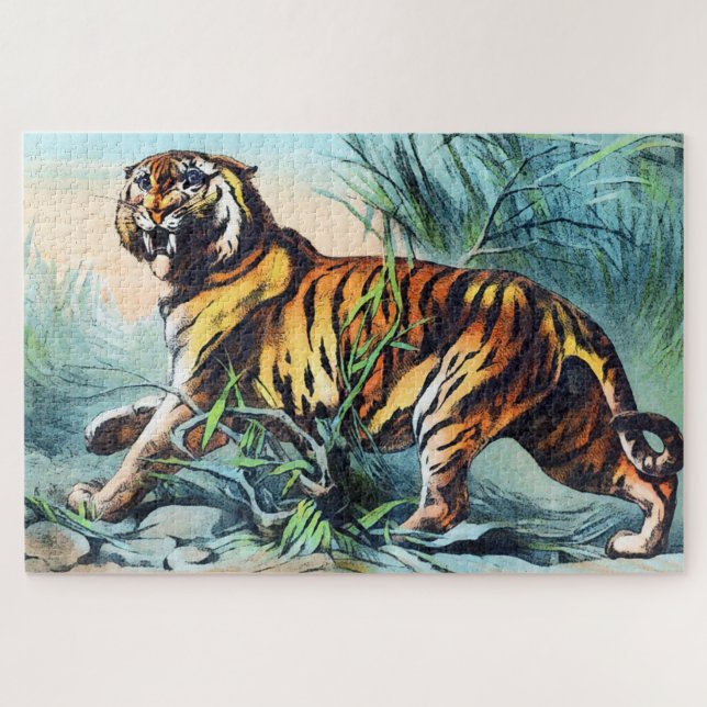 Puzzle Tigre du Bengale dans l'herbe longue avec le ciel  (Horizontal)