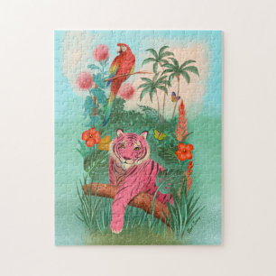 Puzzle Tigre rose et perroquet dans la jungle tropicale