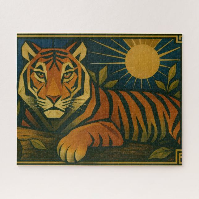 Puzzle Tigre stylisé dans le cadre ornemental Sunburst (Horizontal)