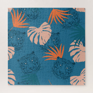 Puzzle Tigres tropicaux Feuilles Bleu profond