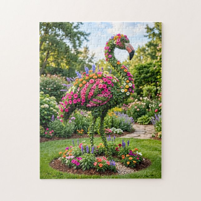 Puzzle Topiaire de flamant rose dans un jardin de fleurs  (Vertical)