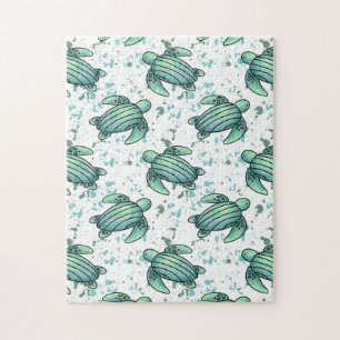 Puzzle tortue de mer aquarelle verte motif bleu animal