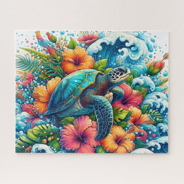 Puzzle Tortue de mer florale tropicale (Horizontal)