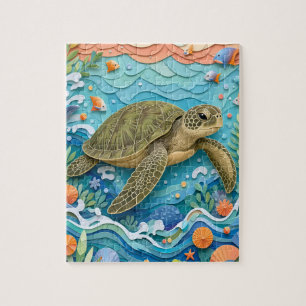 Puzzle Tortue de mer verte en papier découpé Océan Récif