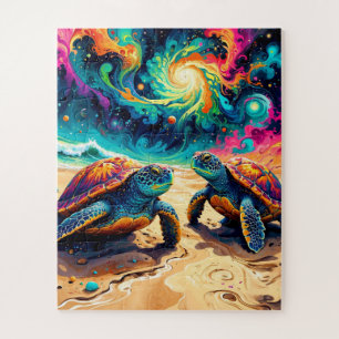 Puzzle Tortues de mer colorées sous un ciel cosmique