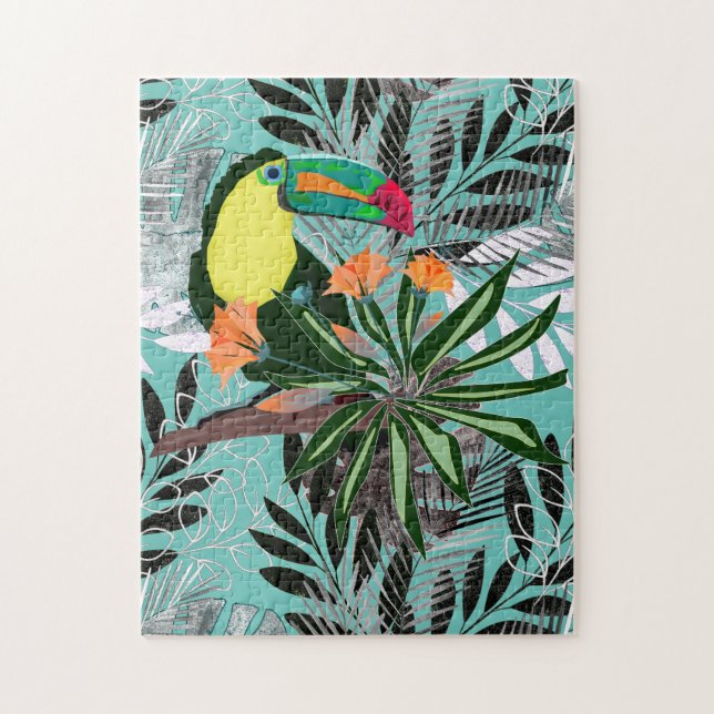 Puzzle Toucan coloré et fleurs. (Vertical)