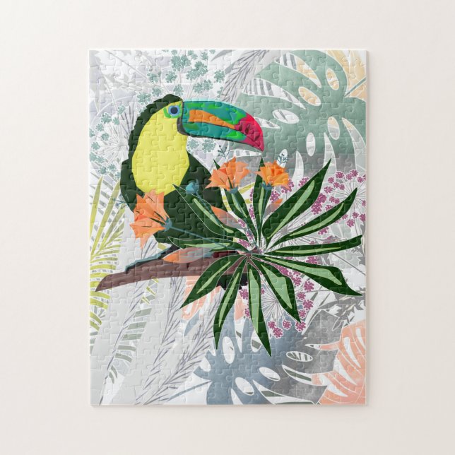 Puzzle Toucan coloré et fleurs. (Vertical)