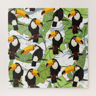 Puzzle Toucan tropical, palmiers verts, motif vintage.