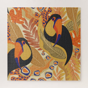 Puzzle Toucans sur branches, motif tropical sans soudure.