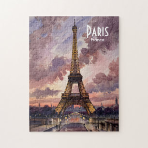 Puzzle Tour Eiffel de Paris Crépuscule Aquarelle Texte pe