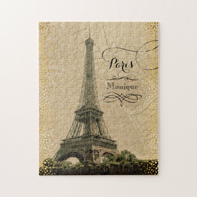 Puzzle Tour Eiffel Paris Carte Vintage Nom du monogramme (Vertical)