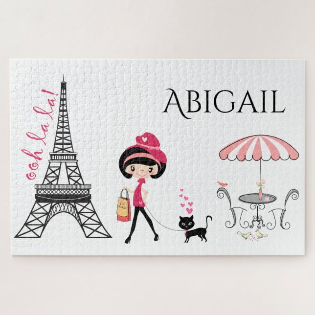 Puzzle Tour Eiffel Paris Cute Girl and Cat personnalisée (Horizontal)
