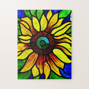 Puzzle Tournesol de pays en verre teint rustique