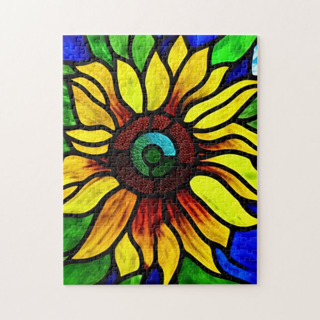 Puzzle Tournesol de pays en verre teint rustique (Vertical)