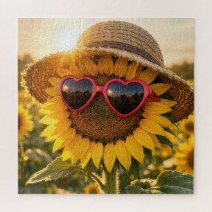 Puzzle Tournesol portant des lunettes de soleil et un cha