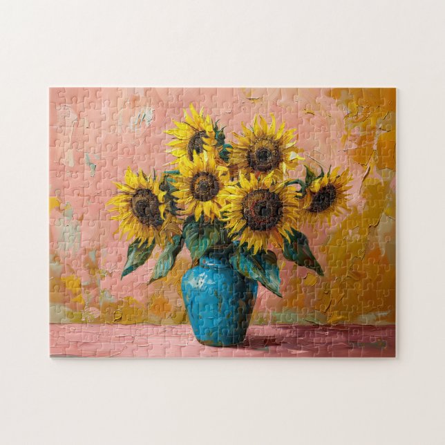 Puzzle Tournesols impressionnistes dans un vase bleu (Horizontal)