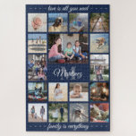 Puzzle Tout Citation Famille Photo Collage Marine Blue Mo<br><div class="desc">Célébrez les joies simples de la famille avec un puzzle photo collage unique et amusant. Si vous préférez un arrière - plan ou un texte dans des couleurs autres que le bleu, le blanc et le gris, reportez-vous aux instructions ci-dessous. (CONSEIL EN MATIÈRE DE PLACEMENT D'IMAGE : Une façon simple...</div>