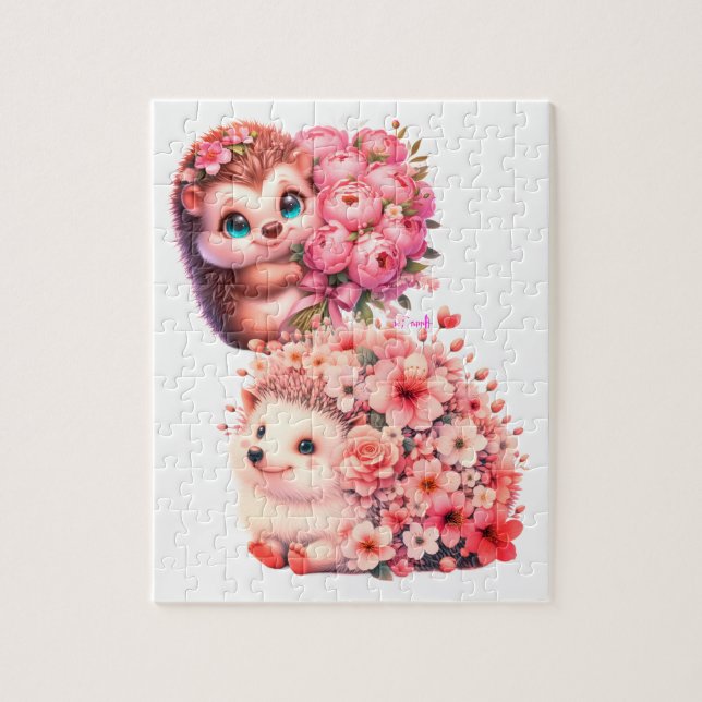 Puzzle  Tow cuteRomantic Floral Hedgehog Duo Illustration (Vertical)