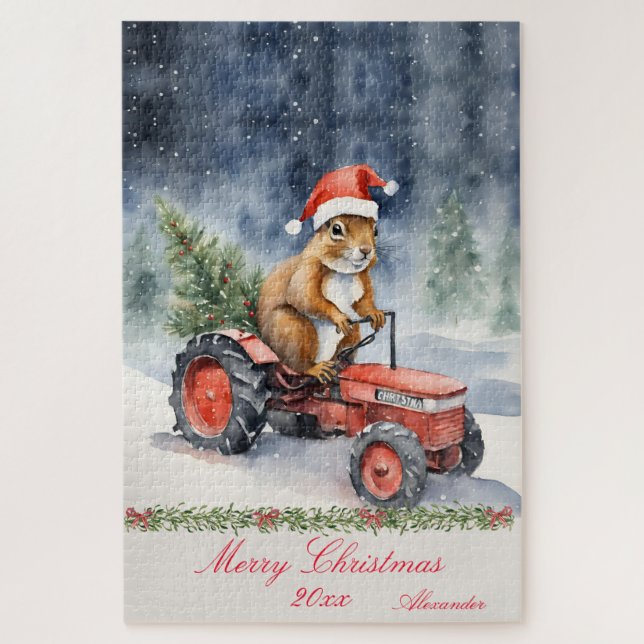 Puzzle Tracteur de Noël écureuil personnalisé (Vertical)