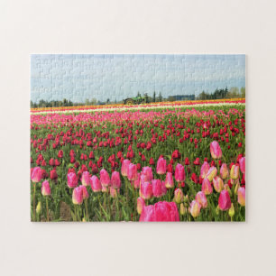 Puzzle Tracteur vert dans un champ de tulipes, Oregon