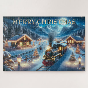 Puzzle Train de Noël à travers un village enneigé la nuit