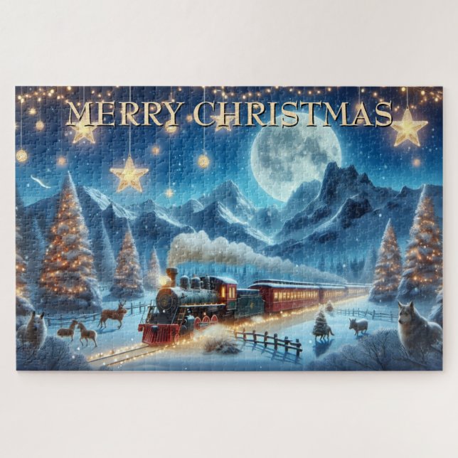 Puzzle Train de Noël au clair de lune avec des animaux de (Horizontal)