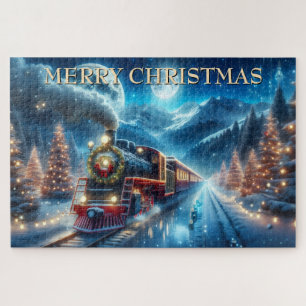 Puzzle Train de Noël avec couronne et pins enneigés