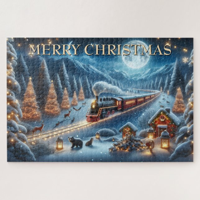 Puzzle Train de Noël avec lanternes et animaux des forêts (Horizontal)