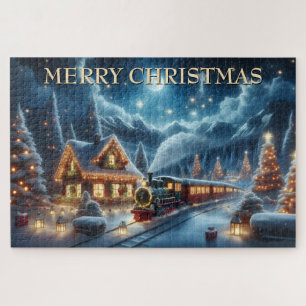 Puzzle Train de Noël passant par un chalet de montagne dé