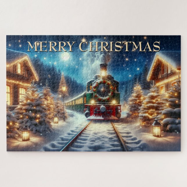 Puzzle Train de Noël vert dans un village enneigé (Horizontal)