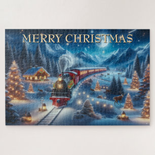 Puzzle train de noël,village enneigé,reflet de la rivière