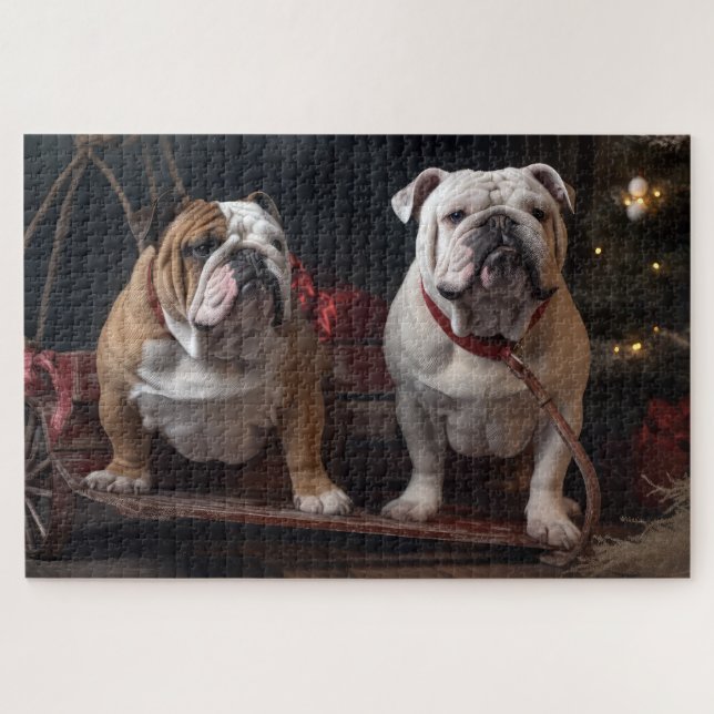 Puzzle Traîneau enneigé de Noël Bouledogue (Horizontal)