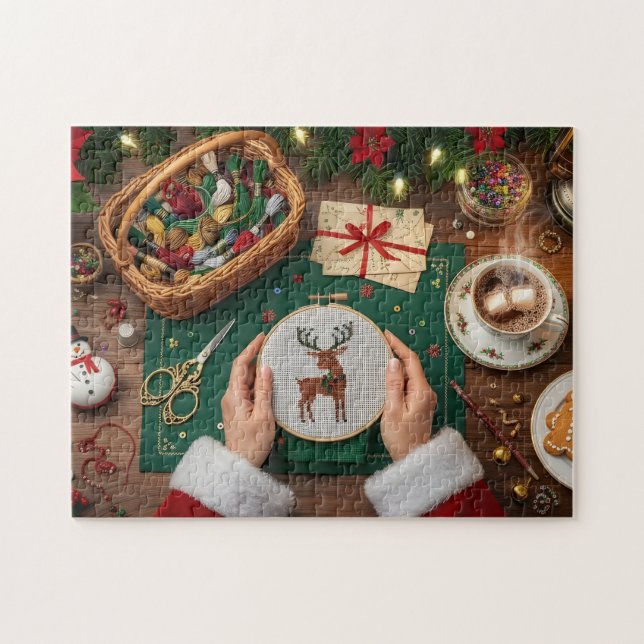 Puzzle Travaux de Noël Cozy Broderie de Renne de Fêtes  (Horizontal)