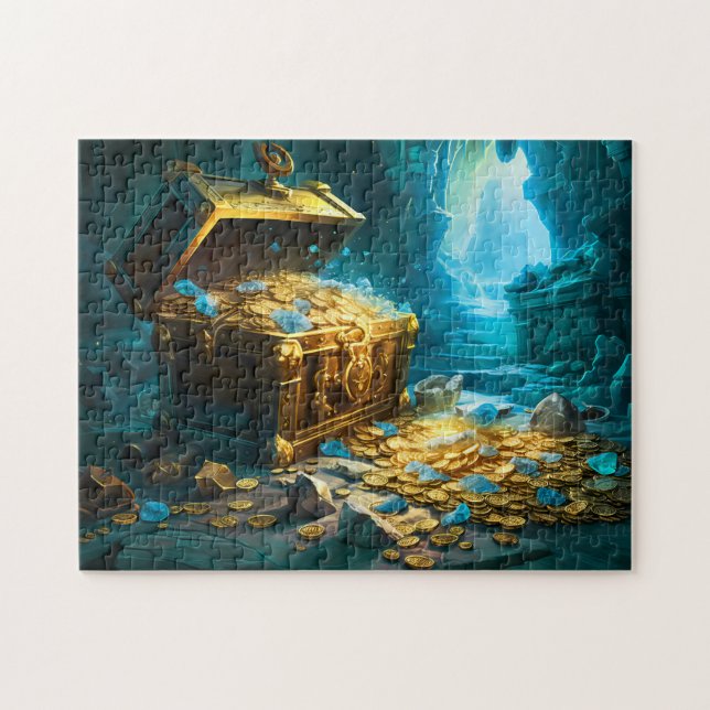 Puzzle Treasure Chest in Cave Light Fantasy Painting (Horizontal)