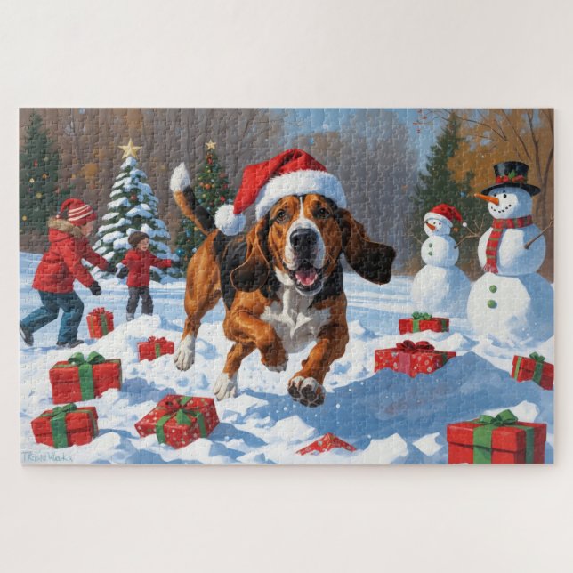 Puzzle Treeing Walker Coonhound neige avec chapeau de Noë (Horizontal)