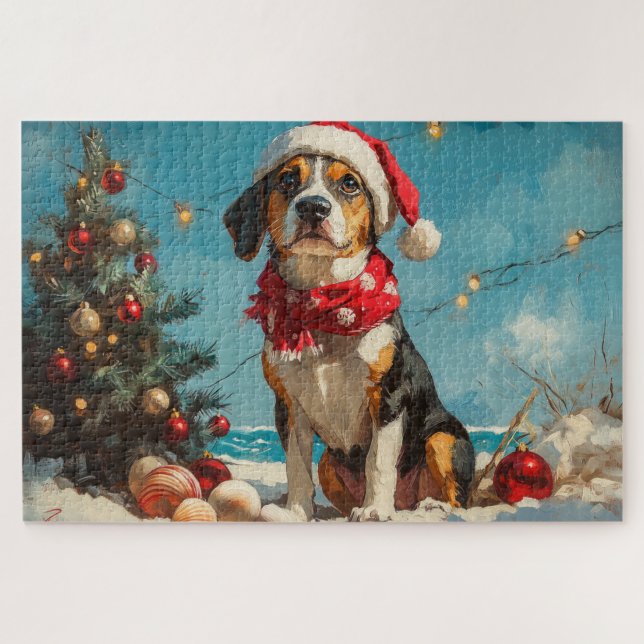 Puzzle Treeing Walker Coonhound Noël Vintage Plage (Horizontal)