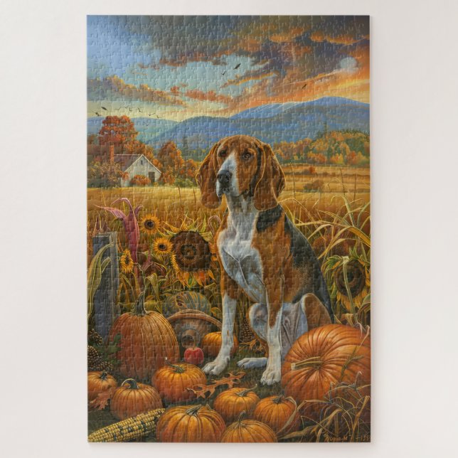 Puzzle Trek Walker Coonhound Dog Automne Thanksgiving (Vertical)