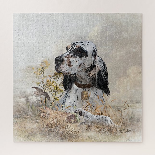 Puzzle Tri Couleur Anglais Setter Art, chasse en bois (Vertical)