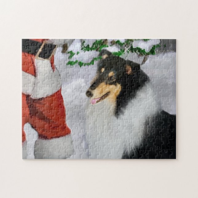 Puzzle Tri Couleur Rosée Collie Avec Noël Père Noël (Horizontal)