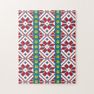 Puzzle Tribal red, blue, and white star geometric pattern