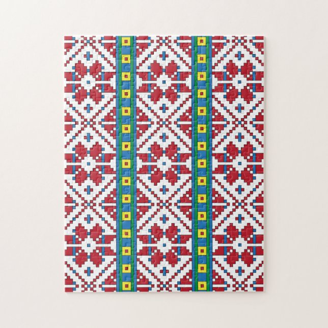 Puzzle Tribal red, blue, and white star geometric pattern (Vertical)