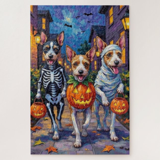 Puzzle Trick-or-treating de Wire Fox Terrier Halloween  (Vertical)